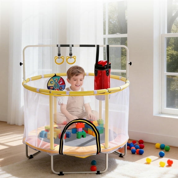 Mersco 55 inch Toddler Trampoline,Mini Trampoline for Kids with Enclosure and Basketball Hoop,Indoor and Outdoor Small Trampoline with Boxing Bag,Adjustable Gym Bar,Gifts for Boys & Girls,Orange