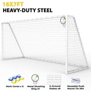 Mersco 16x7 / 12x6 / 8x6 FT Soccer Goal for Backyard,Heavy-Duty Metal Soccer Net with Metal Shooting Ring,Outdoor Soccer Goal Equipment Set with 6 Soccer Cones 