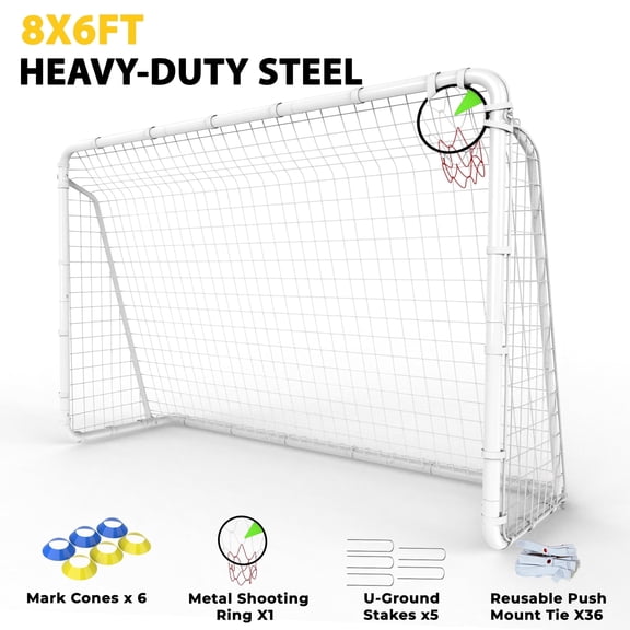 Mersco 16x7 / 12x6 / 8x6 FT Soccer Goal for Backyard,Heavy-Duty Metal Soccer Net with Metal Shooting Ring,Outdoor Soccer Goal Equipment Set with 6 Soccer Cones & 5 Stakes for Kids and Adults,White