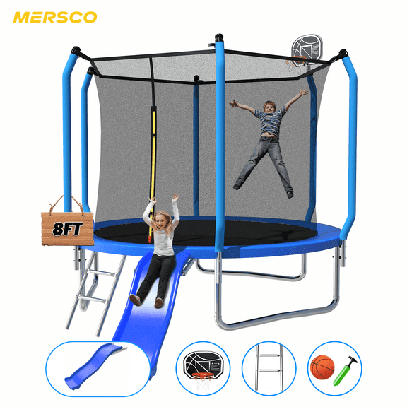 Mersco 8FT Heavy Duty Trampoline with Enclosure Net , Slide Outdoor Big Trampoline for Backyard,Kids Trampoline with Basketball Hoop,Birthday and Holiday Gifts for Kids,Blue