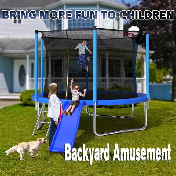 Mersco 8FT Heavy Duty Trampoline with Enclosure Net , Slide Outdoor Big Trampoline for Backyard,Kids Trampoline with Basketball Hoop,Birthday and Holiday Gifts for Kids,Blue