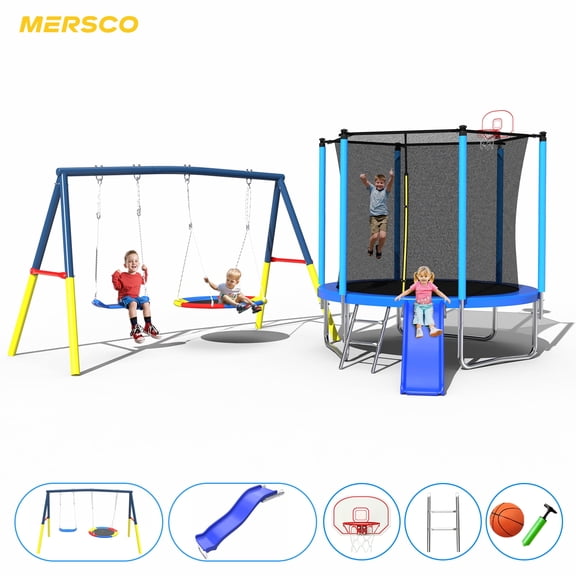 Mersco 8FT Heavy Duty Trampoline with Enclosure Net , Slide ,Swing Set Outdoor Big Trampoline for Backyard,Kids Trampoline with Basketball Hoop,Birthday and Holiday Gifts ,Blue