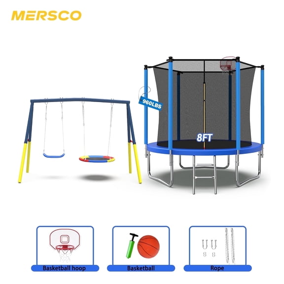 Mersco 8FT Jumping Trampoline with Enclosure Net , Swing Set ,Outdoor rampoline for Backyard,Kids Trampoline with Basketball Hoop,Birthday and Holiday Gifts for Kids,Blue