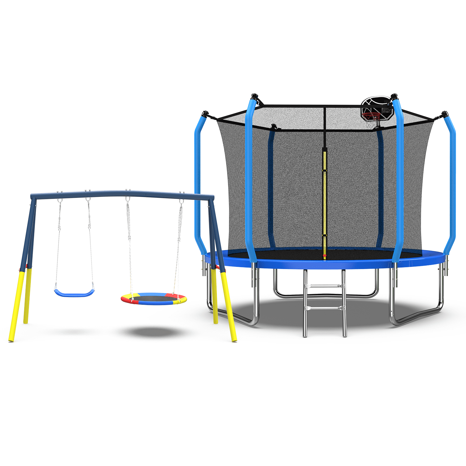 Mersco 8FT Heavy Duty Trampoline with Enclosure Net & Swing Set Outdoor Big Trampoline for Backyard,Kids Trampoline with Basketball Hoop,Birthday & Holiday Gifts for Kids,Blue