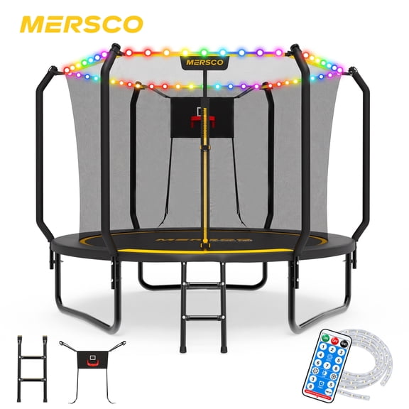 Mersco 8FT Kids Trampoline with Solar LED Lights & Basketball Hoop, ASTM Certified Heavy Duty Outdoor Trampoline with Enclosure Net and Ladder for Backyard Family Fun, Jumping Trampoline SUPER