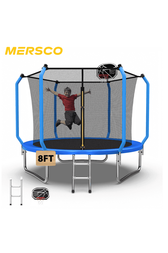 8FT/10FT/12FT/14FT Trampoline for Kids and Adults,No-Gap Design Outdoor Trampoline with Basketball Hoop,Enclosure Net and Ladder,Jumping Trampoline SUPER for Boys and Girls Birthday Gift,Blue