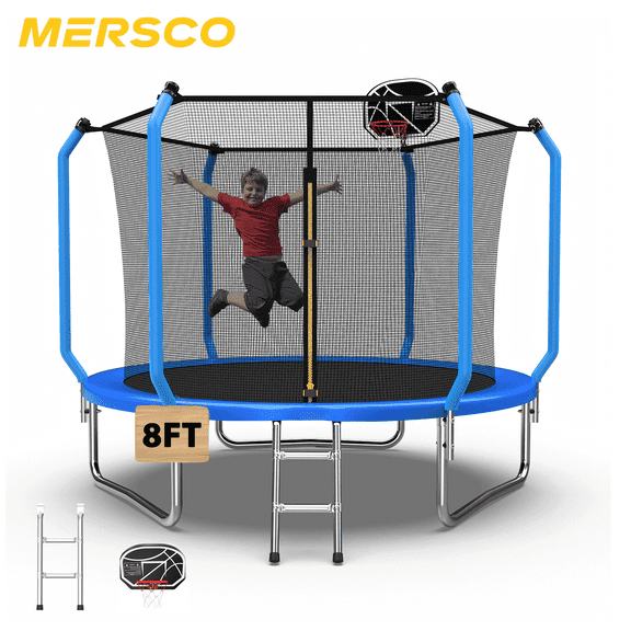 Mersco 8FT/10FT/12FT/14FT Trampoline for Kids and Adults,No-Gap Design Outdoor Trampoline with Basketball Hoop,Enclosure Net and Ladder,Jumping Trampoline SUPER for Boys and Girls Birthday Gift,Blue