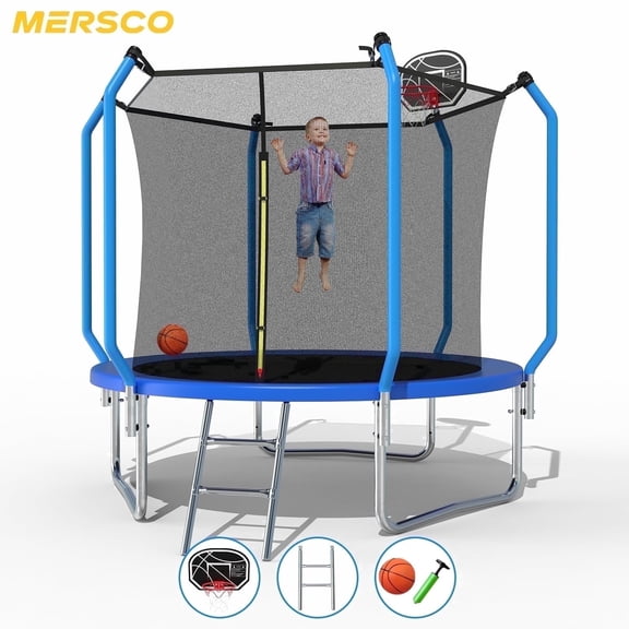 Mersco 8ft Trampoline for Kids and Adults,No-Gap Design Outdoor Trampoline with Basketball Hoop,Enclosure Net and Ladder,Jumping Trampoline SUPER for Boys and Girls Birthday Gift,Blue