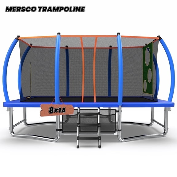 Mersco 8x14ft Large Rectangle Trampoline for Kids,Big Outdoor Trampoline with Enclosure Net,Football Net ,Storage Bag,r Boys and Girls Birthday Gift,Blue