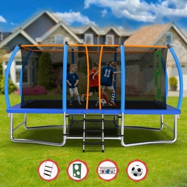 Mersco 8x14ft Large Rectangle Trampoline for Kids,Big Outdoor Trampoline with Enclosure Net,Football Net & Storage Bag, Total 1760Lbs Bearing,Birthday Party Gifts,Blue