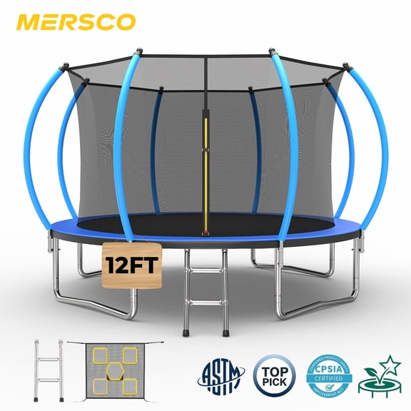 Mersco 12FT/14FT Trampoline for Kids with Mulifunctional Target Cloth,Outdoor Recreational Trampolines with Enclosure Net, Ladder,Jumping Trampoline SPACE for Kid Birthday and Festival Gift,Blue