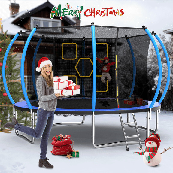 Mersco 12FT Trampoline for Kids with Mulifunctional Target Cloth, Indoor & Outdoor Recreational Trampolines with Enclosure Net and Ladder,Easter,Birthday Gift for Kids, Loading 1320Lbs,Blue