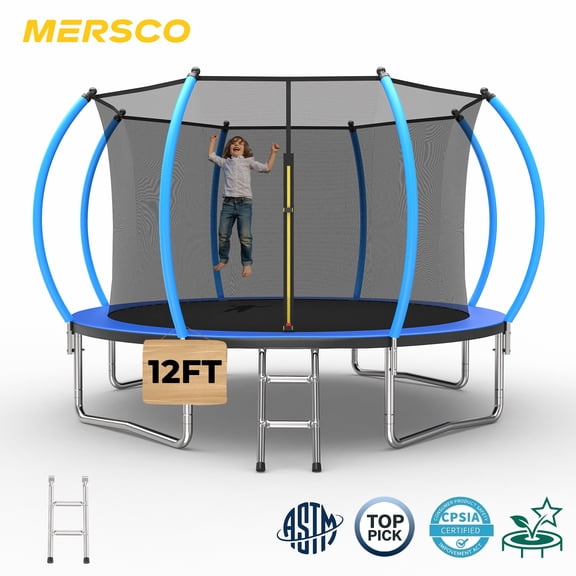 Mersco 12FT/14FT Trampoline for Kids with Mulifunctional Target Cloth,Outdoor Recreational Trampolines with Enclosure Net, Ladder,Jumping Trampoline SPACE for Kid Birthday and Festival Gift,Blue
