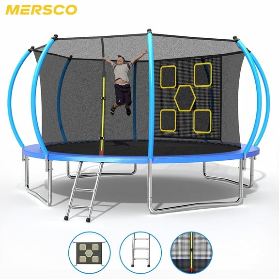 Mersco 12FT Trampoline for Kids with Mulifunctional Target Cloth, Outdoor Recreational Trampolines with Enclosure Net , Ladder ,Jumping Trampoline for Kid Birthday and Festival Gift ,Blue