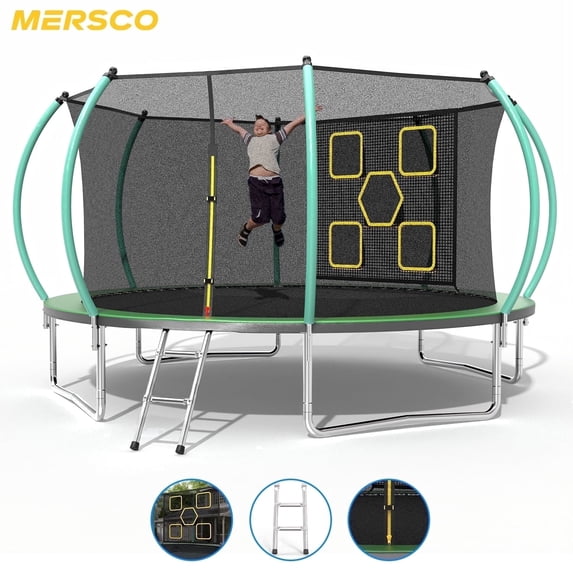 Mersco 12FT/14FT Trampoline for Kids with Mulifunctional Target Cloth, Outdoor Recreational Trampolines with Enclosure Net and Ladder,Birthday Gift for Kids,Green