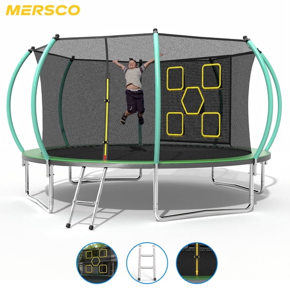 Mersco 12FT Trampoline for Kids with Mulifunctional Target Cloth, Outdoor Recreational Trampolines with Enclosure Net and Ladder,Birthday Gift for Kids,Green