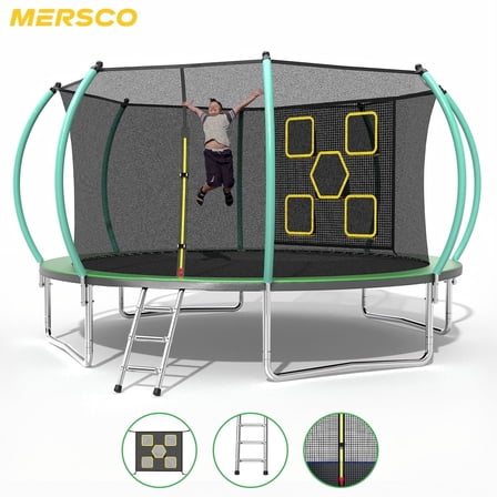 Mersco 12FT Trampoline for Kids with Mulifunctional Target Cloth, Outdoor Recreational Trampolines with Enclosure Net and Ladder,Birthday Gift for Kids,Green