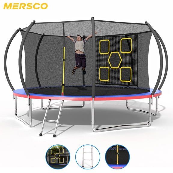 Mersco 12FT Trampoline for Kids with Mulifunctional Target Cloth, Outdoor Recreational Trampolines with Enclosure Net and Ladder,Jumping Trampoline for Kids Birthday Gift,Multicolor