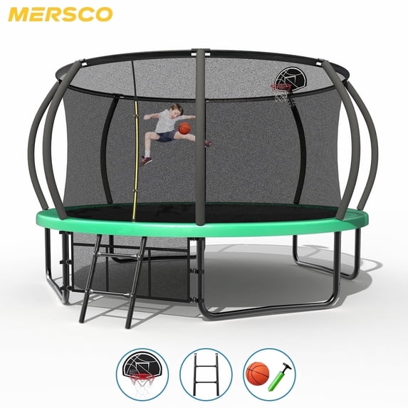 Mersco 12ft Pumpkin Trampoline SPACE for Kids and Adults, Outdoor Trampoline with Basketball Hoop Enclosure Net Storage Bag,Jumping Trampoline for Boys and Girls Birthday Gift,Green