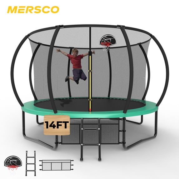 Mersco 12ft Pumpkin Trampoline for Kids and Adults, Outdoor Trampoline with Basketball Hoop Enclosure Net Storage Bag,Jumping Trampoline SPACE for Boys and Girls Birthday and Festival Gift,Green