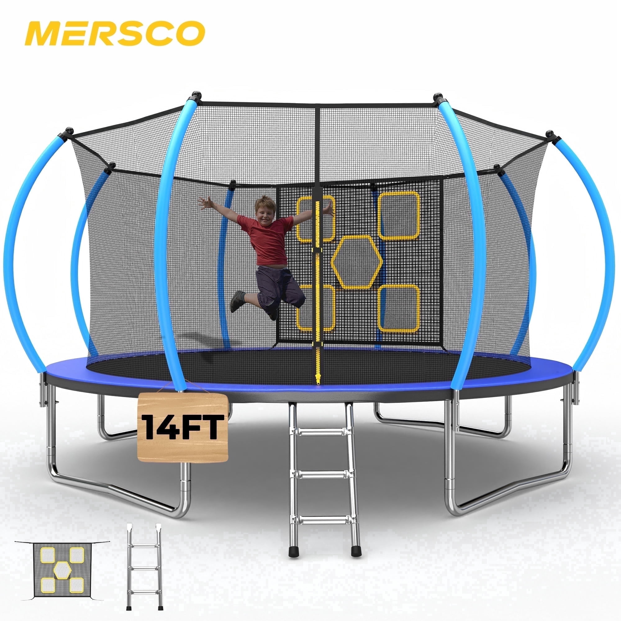 Mersco 12FT/14FT Trampoline for Kids with Mulifunctional Target Cloth,Outdoor Recreational Trampolines with Enclosure Net ,Ladder,Jumping Trampoline Space for Birthday Festival Gifts,Blue
