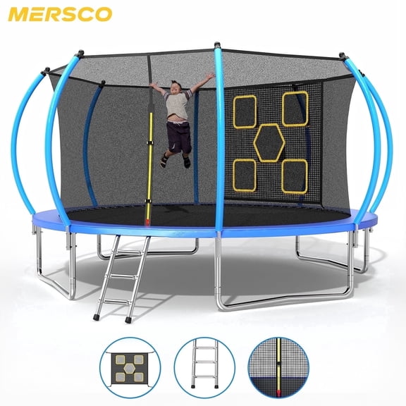 Mersco 14FT Trampoline for Kids with Mulifunctional Target Cloth, Outdoor Recreational Trampolines with Enclosure Net ,Ladder,Jumping Trampoline for Boys and Girls Birthday and Festival Gifts,Blue