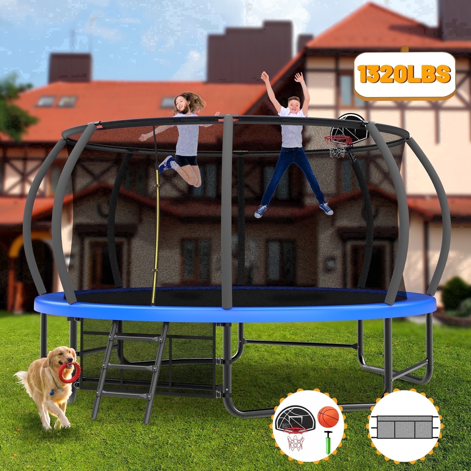 Mersco 12FT/14FT Trampoline for Kids and Adults, Pumpkin Outdoor Trampoline with Basketball Hoop,Enclosure Net and Storage Bag,Jumping Backyard Trampoline SPACE for Boys and Girls Birthday Gift,Blue