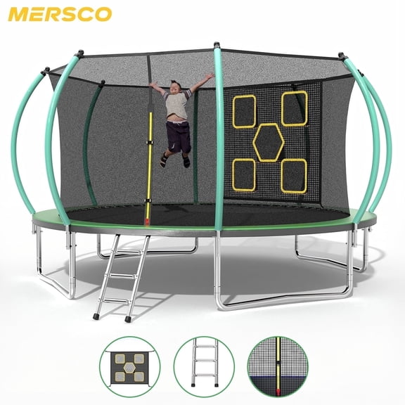 Mersco 14FT Trampoline for Kids with Mulifunctional Target Cloth, Outdoor Recreational Trampolines with Enclosure Net , Ladder for family Fun,Jumping Trampoline for Kid Birthday Gifts, Green