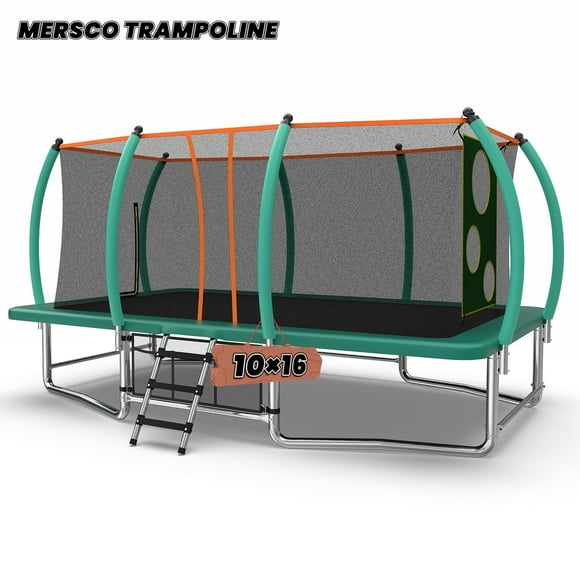 Mersco 10x16ft Large Rectangle Trampoline for Kids and Adults,Big Outdoor Trampoline with Enclosure Net,Football Net & Storage Bag,Total 1760Lbs Bearing,Birthday Party Gifts,Green