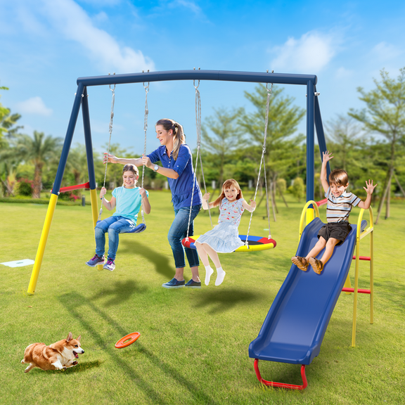 Mersco Swing Set for Backyard with Slide, Swing Heavy Duty 440lbs Metal Outdoor Swing Stand, Contain 1 Saucer 32"  and 1 Belt Seat 26.2" ,Slide for Playground, Backyard Playset