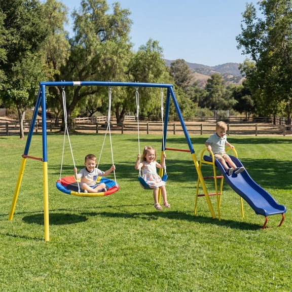 Mersco Swing Set for Backyard with Slide, Swing Heavy Duty 440lbs Metal Outdoor Swing Stand, Contain 1 Saucer 32"  and 1 Belt Seat 26.2" ,Slide for Playground, Backyard Playset