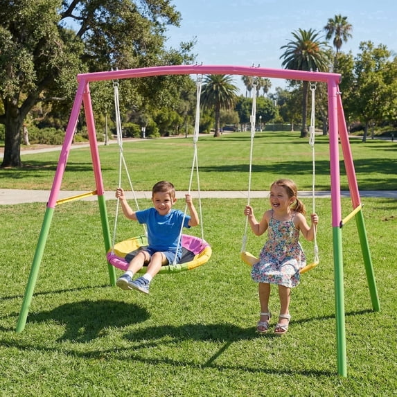 Mersco 2-in-1 Swing Set for Backyard with Stand, Swing Heavy Duty 440lbs Metal Outdoor Swing Stand, Contain 1 Saucer 32" & 1 Belt Seat 26.2" for Playground, Backyard Playset,Pink