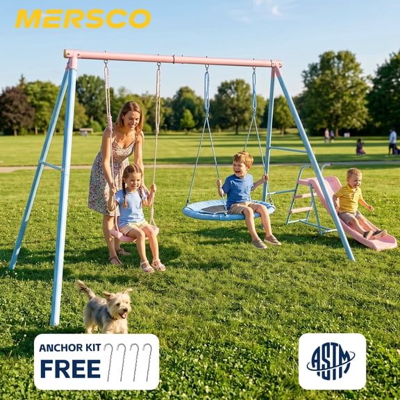 Mersco Swing Set with Slide, 3-in-1 Outdoor Playset for Backyard with Flying Saucer & Classic Swing, Sturdy Metal Frame Playground Swing Set Toy for Kids,Pink
