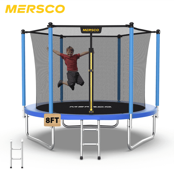 Mersco 8ft Trampoline for Kids,Outdoor Trampoline with Enclosure, Ladder,Upright-Poled Backyard Trampoline for Family Fun,Jumping Trampoline for Birthday Gifts,Blue