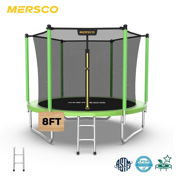 Mersco 8ft Trampoline for Kids and Adults,Outdoor Trampoline with Enclosure,Ladder,Upright-Poled Backyard Trampoline PLAY for Family Fun,Jumping Trampoline for Birthday Gift,Green