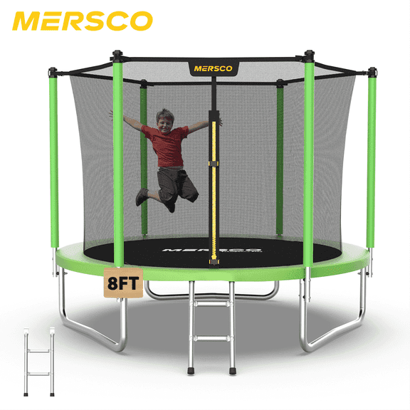 Mersco 8ft Trampoline for Kids and Adults,Outdoor Trampoline with Enclosure,Ladder,Upright-Poled Backyard Trampoline PLAY for Family Fun,Jumping Trampoline for Birthday Gift,Green