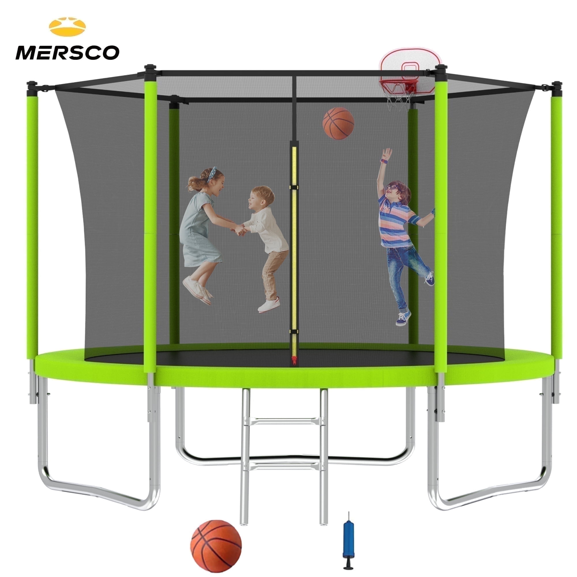 Walmart Coupons of Walmart Black Friday Deals 2025 Mersco 8ft Outdoor Trampoline with Enclosure, Basketball Hoop, Ladder, 960lbs Capacity, Green