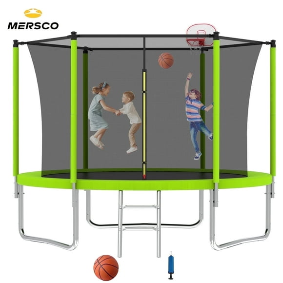 Mersco 8ft Trampoline for Kids and Adults,Outdoor Trampoline with Enclosure,BasketballHoop and Ladder,Upright-Poled Backyard Trampoline with Total Loading 960Lbs,Birthday Gifts,Green