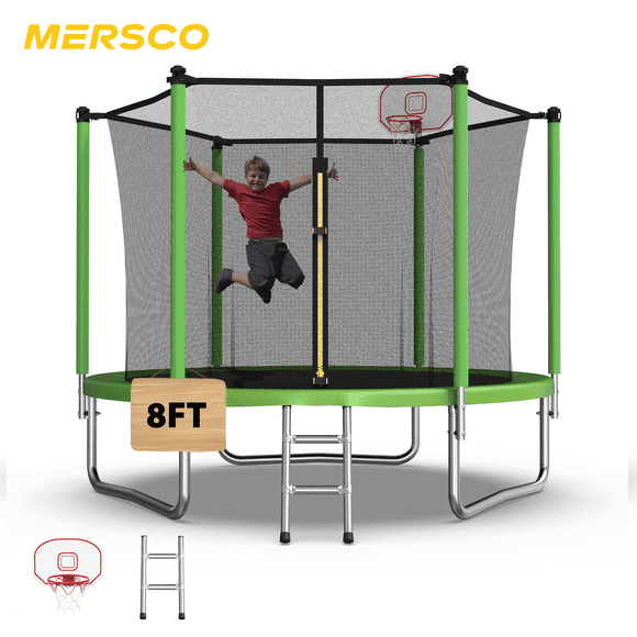 Mersco 8ft Trampoline for Kids and Adults,Outdoor Trampoline with Enclosure,Basketball Hoop ,Ladder,Upright-Poled Backyard Trampoline for Family Fun,Jumping Trampoline for Birthday Gift,Green
