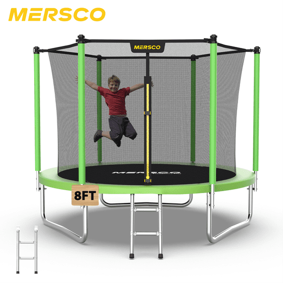 Mersco 8ft Trampoline for Kids and Adults,Outdoor Trampoline with Enclosure,Ladder,Upright-Poled Backyard Trampoline for Family Fun,Jumping Trampoline for Birthday Gift,Green