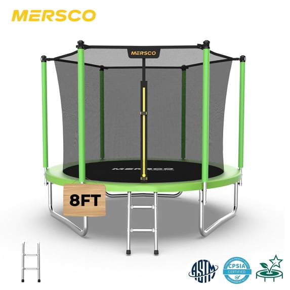 Mersco 8ft Trampoline for Kids and Adults,Outdoor Trampoline with Enclosure,Ladder,Upright-Poled Backyard Trampoline PLAY for Family Fun,Jumping Trampoline for Birthday Gift,Green