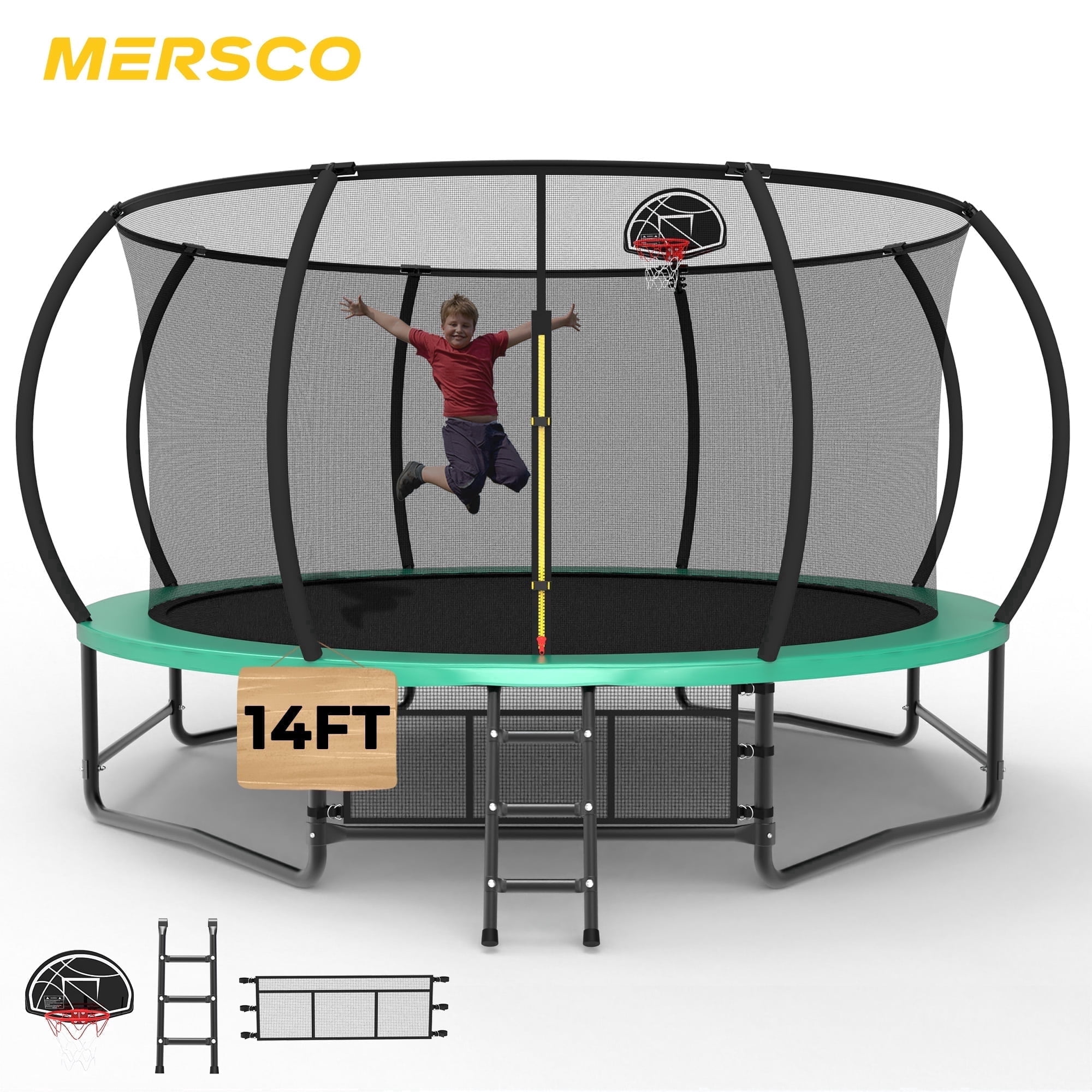 Mersco 14ft Trampoline for Kids and Adults, Pumpkin Outdoor Trampoline with Basketball Hoop,Enclosure Net and Storage Bag, Trampoline SPACE for Boys and Girls Birthday Gifts,Green