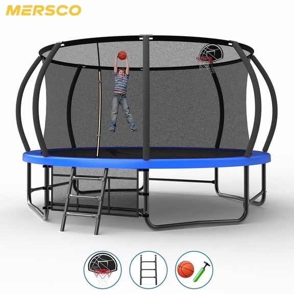 Mersco 14ft Trampoline for Kids and Adults, Pumpkin Outdoor Trampoline with Basketball Hoop,Enclosure and Storage Bag, Jumping Trampoline SPACE for Boys and Girls Birthday Gift,Blue