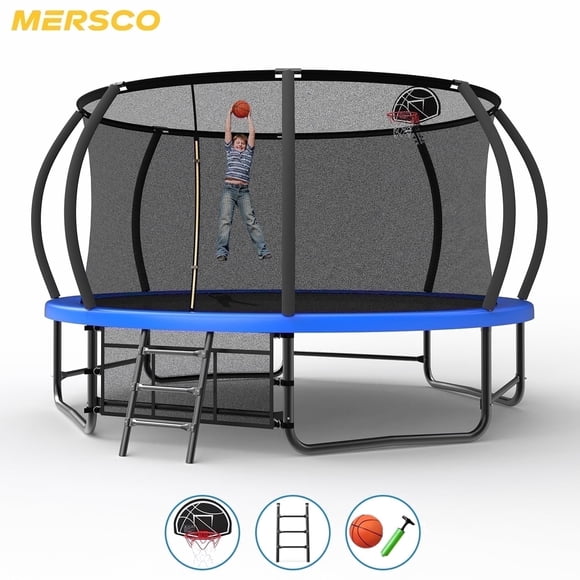 Mersco 14ft Trampoline for Kids and Adults, Pumpkin Outdoor Trampoline with Basketball Hoop,Enclosure and Storage Bag, Jumping Trampoline for Boys and Girls Birthday Gift,Blue