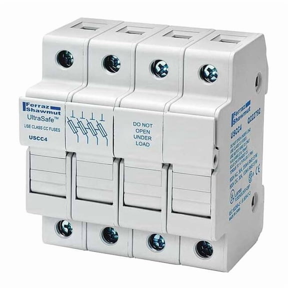 Finger Safe Fuse Block, CC UL Class, 600V AC/DC Volt Rating, 4 Poles, Pressure Plate USCC4
