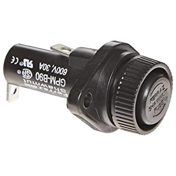 Mersen GPM Panel Mount Fuse Holder with 1/4 Turn Bayonet Knob Cap, Right Angle 1/4 Quick-Connect/Solder Terminal, 600V CA/DC, 100kA, 30 Ampere