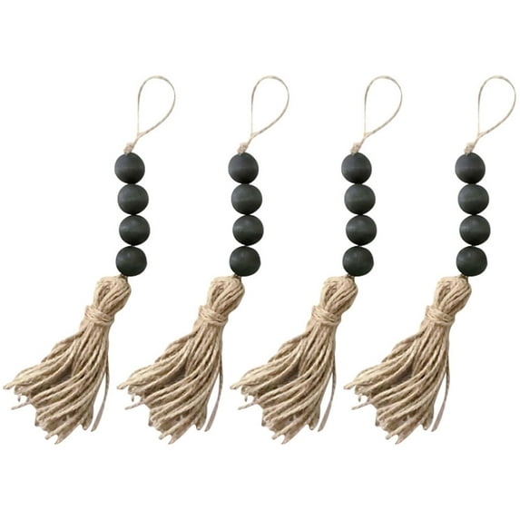 Mersess 4pcs Wood Beads Garland with Jute Tassels Farmhouse Wooden Beads Decor Rustic Prayer Beads Big Wall Hanging Ornamnent Black