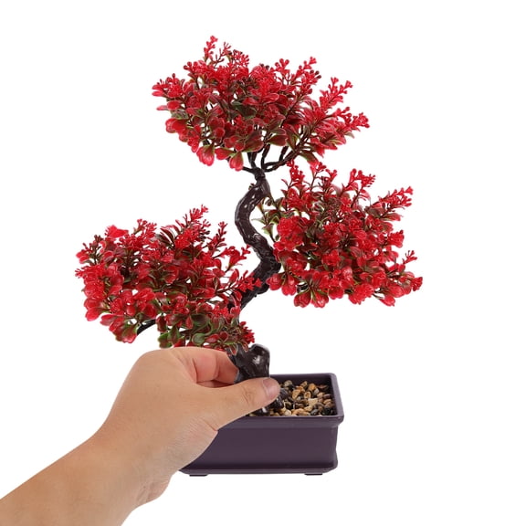 Mersess Artificial Bonsai Tree with Blossom Flowers in Pot, Japanese Zen Style Potted Plants for Office Desk Shelf Decor, 12 inch Red