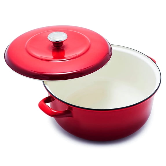 Merten & Storck 7QT Dutch Oven with Lid, Lightweight Enameled Iron, Oven Safe, Metal Utensil Safe, Red
