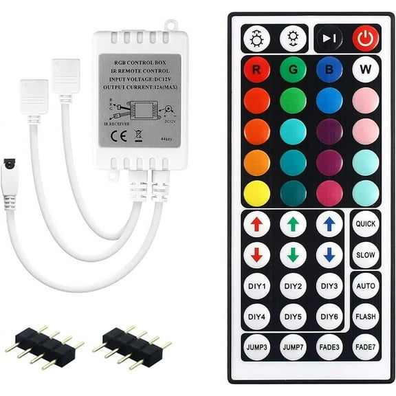 Meruido 44 Keys IR Remote Controller RGB LED Strip Light Controller Output Voltage DC12V 4 Pin 2 Ports RGB Control Box with WirelessReceiver for RGB 5050 3528 LED Strip Lights- Dual Outputs